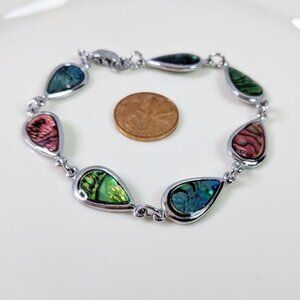 Natural Shell Rainbow Dyed Silver Tone Bracelet
